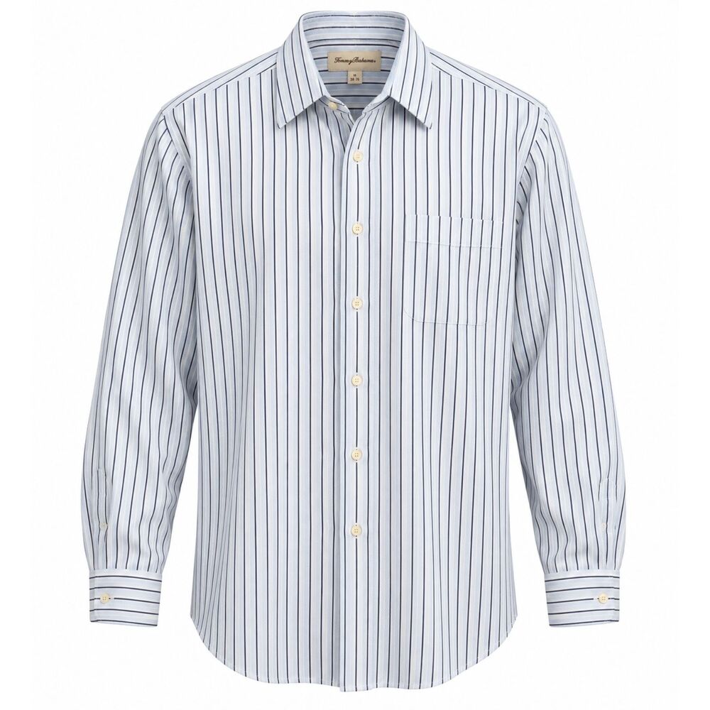 Tommy Bahama Horizontal Stripe Dress Shirt Mens Sz 18 34/35 Blue Navy White EUC